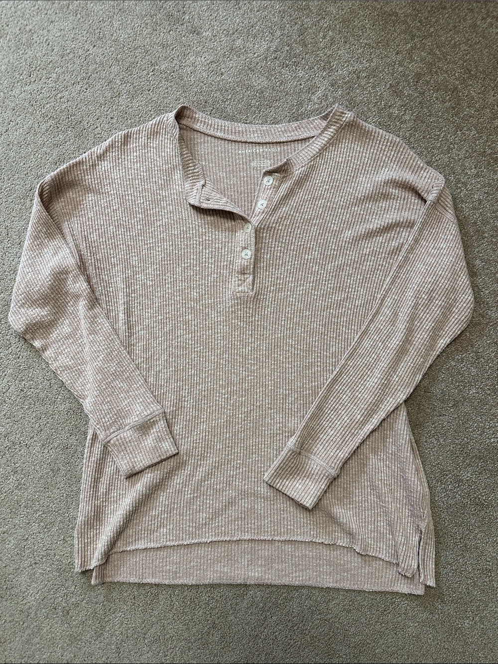 American Eagle Outfitters Long-Sleeve Waffle Henley - Beige